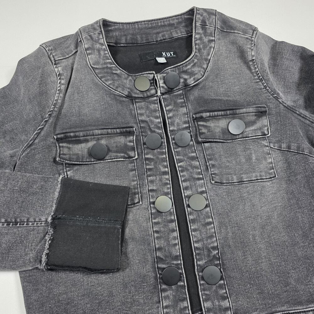 Kut From The Kloth Womens Medium Belle Collarless Black Acid Wash Denim Jacket